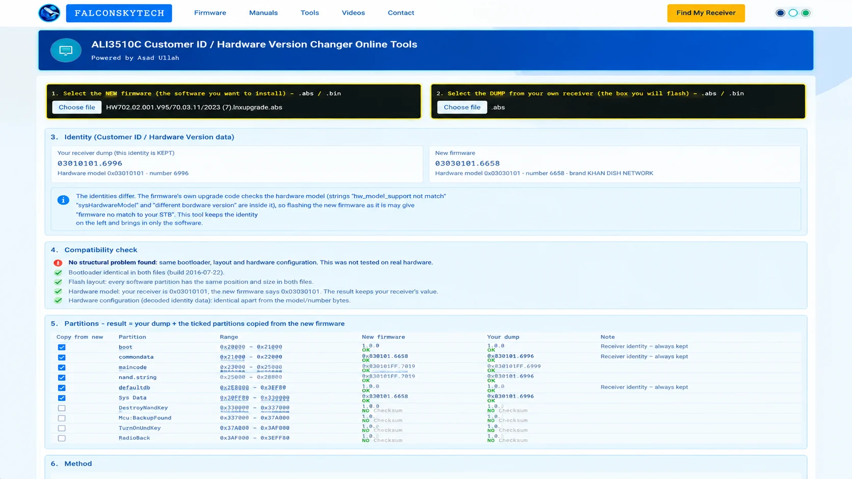 ALi3510C Customer ID / Hardware Version Changer online tool interface