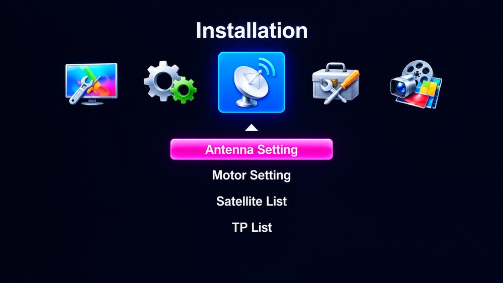 BS-GX6605S-ZB-IG Installation menu showing Antenna Setting, Motor Setting, Satellite List and TP List