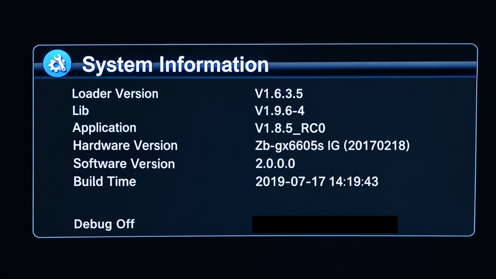 BS-GX6605S-ZB-IG System Information screen showing loader, lib, application, hardware, software and build time