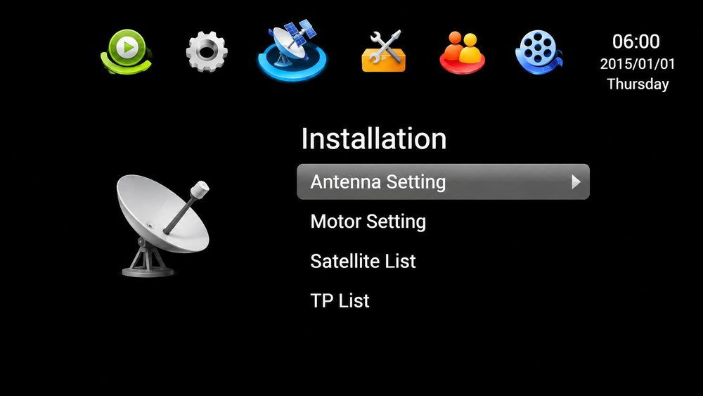 CAMEX GX6605S HW203 Installation menu showing Antenna Setting, Motor Setting, Satellite List and TP List
