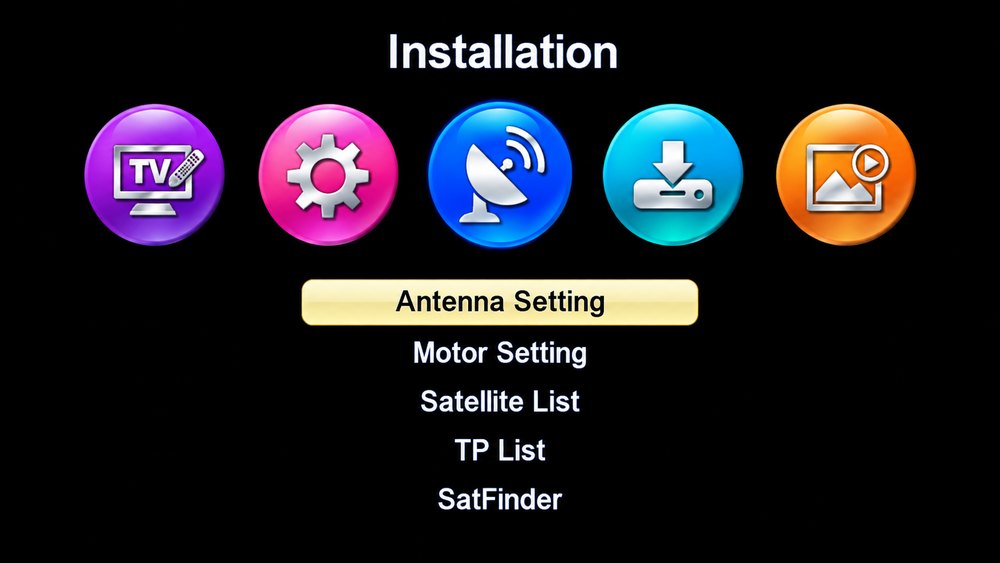 GX6605S IPTV firmware Installation menu showing Antenna Setting, Motor Setting, Satellite List, TP List and SatFinder