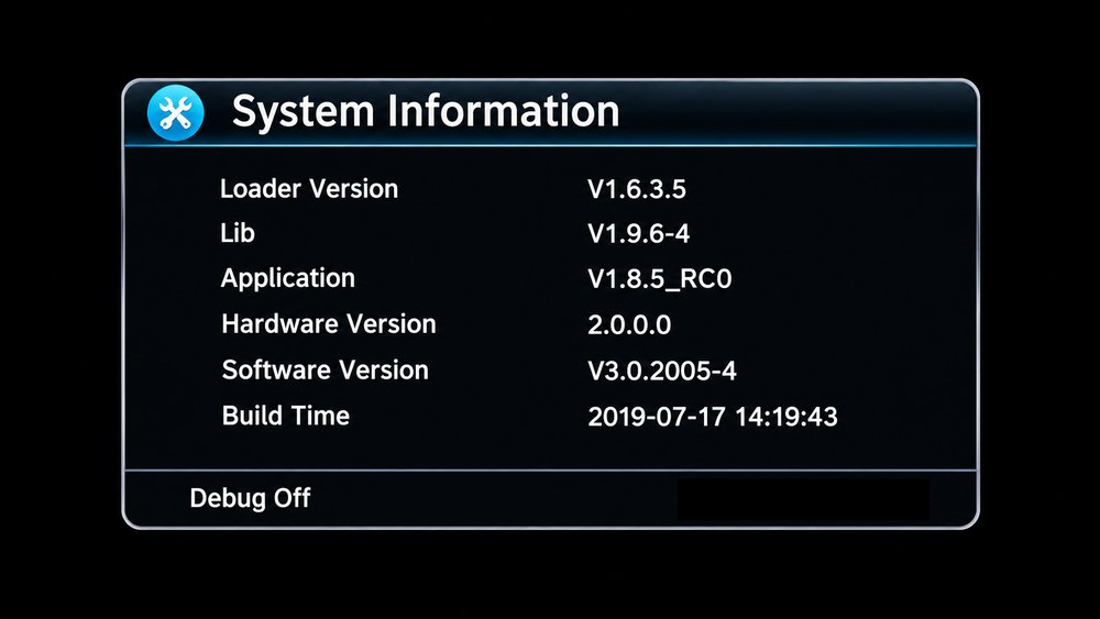 GX6605S IPTV firmware System Information screen showing loader, lib, application, hardware, software and build time