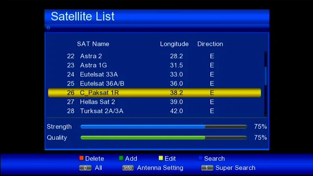 GX6605S HW102 satellite list with Add, Edit, Delete and Search