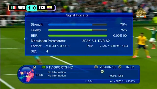 GX6605S HW102 signal indicator showing 8PSK 3/4 DVB-S2 on PTV Sports HD