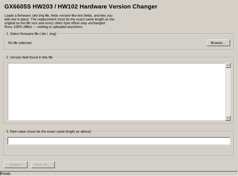 Real screenshot of the gx6605s-hw203-hardware-version-changer-online offline tool window on PC