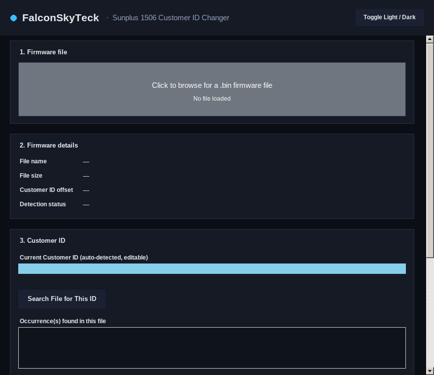 Real screenshot of the sunplus-customer-id-changer-online offline tool window on PC
